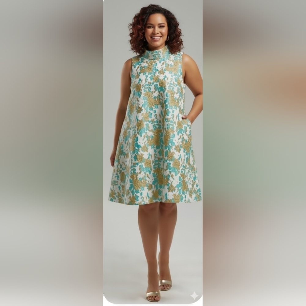 Spring Wedding Guest Dress XXL Retro BURU Palm Beach Floral Brocade Pockets